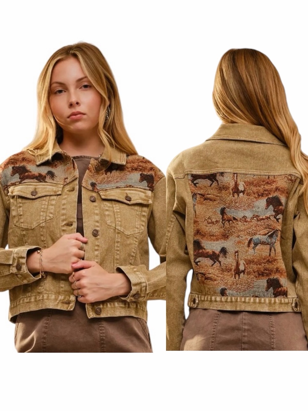 NEW Blue b Washed Brown Horse Equestrian Tapestry Western Denim Jean Jacket